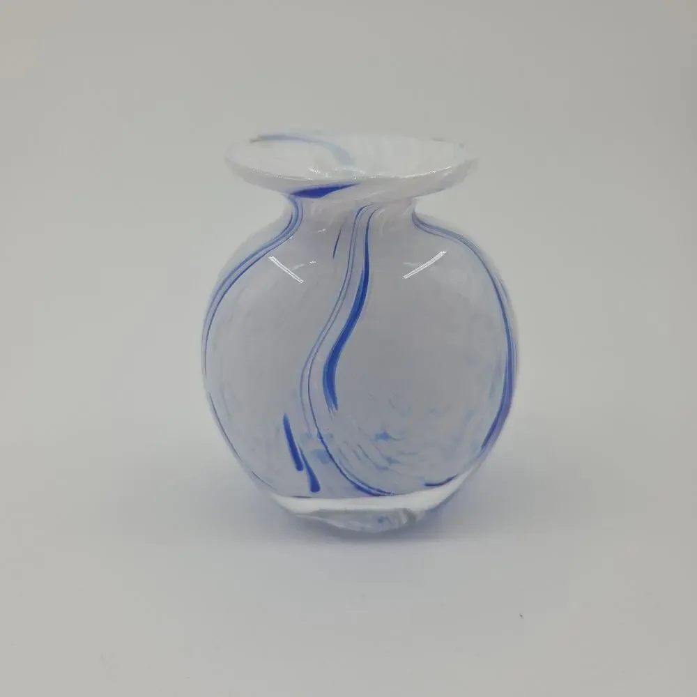 Ron Hinkle Signed Art Glass Bud Vase Blue White Swirl Hand Blown Studio Paperwei